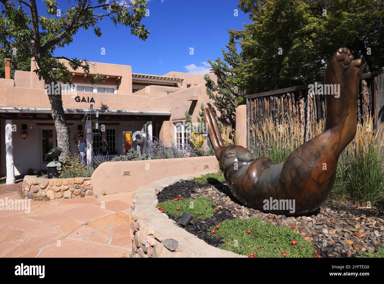 Canyon Road, Santa Fe, New Mexico, a street dedicated to the country's finest art, with over a 100 galleries, boutiques & restaurants in one half mile. Stock Photo