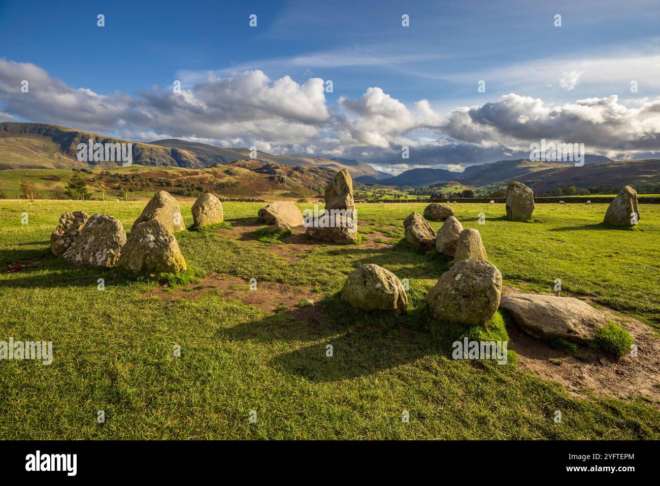 Castlerigg Stone Circle with Helvelyn Mountain in the background, Lake District, Cumbria, England Stock Photo