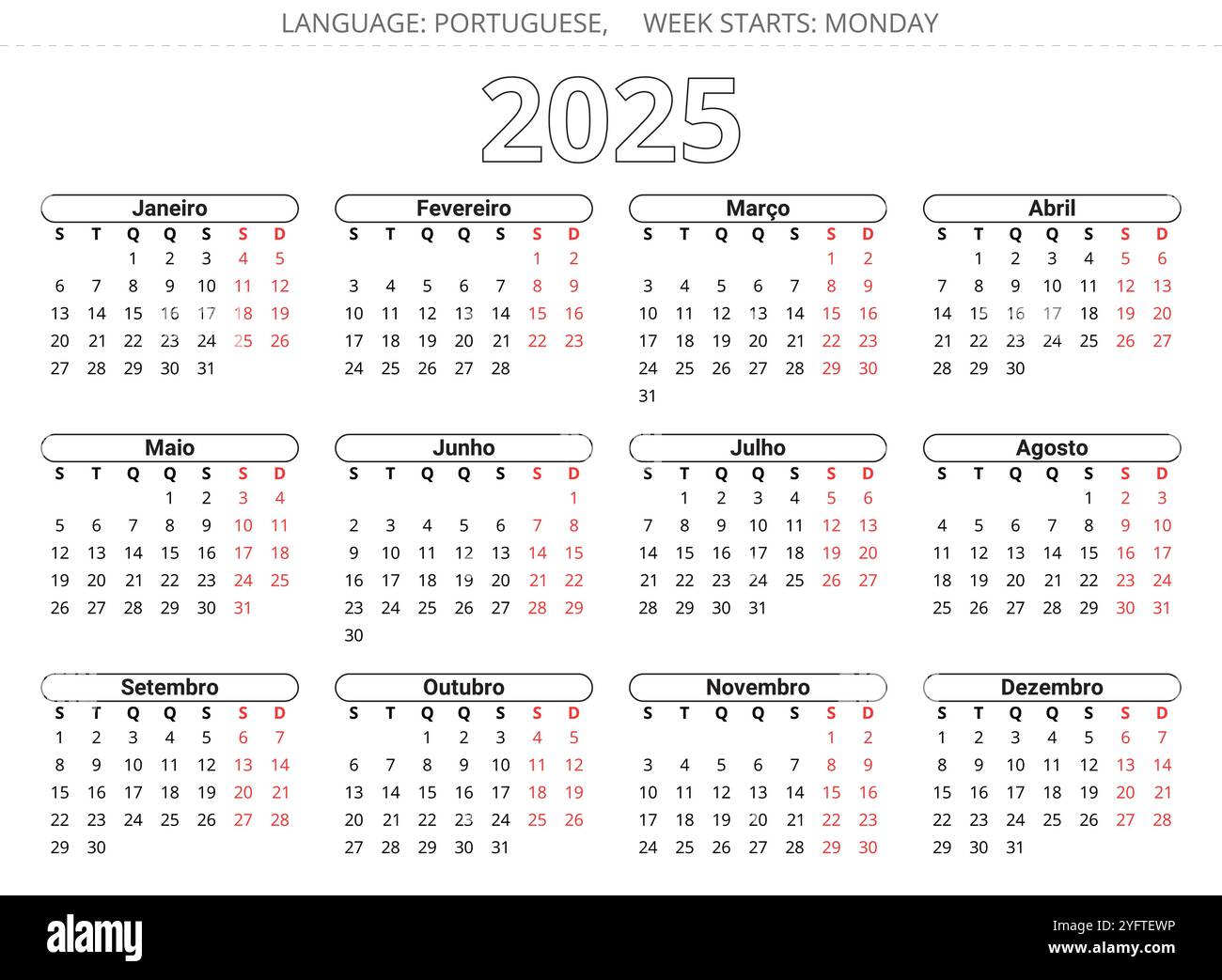 PORTUGUESE calendar for 2025 year Printable vector illustration for