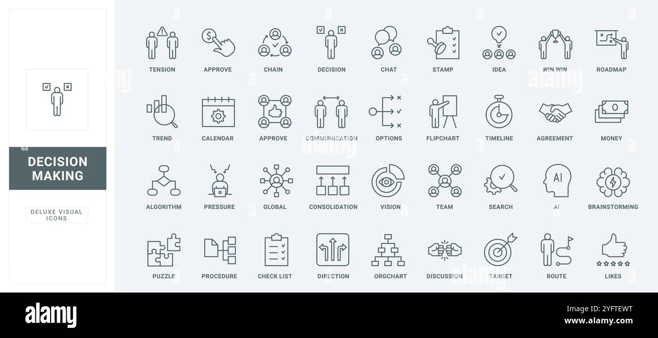 Discussion of office employees to approve idea, procedure or algorithm, communication structure thin black outline symbols vector illustration. Business decision making in team line icons set. Stock Vector
