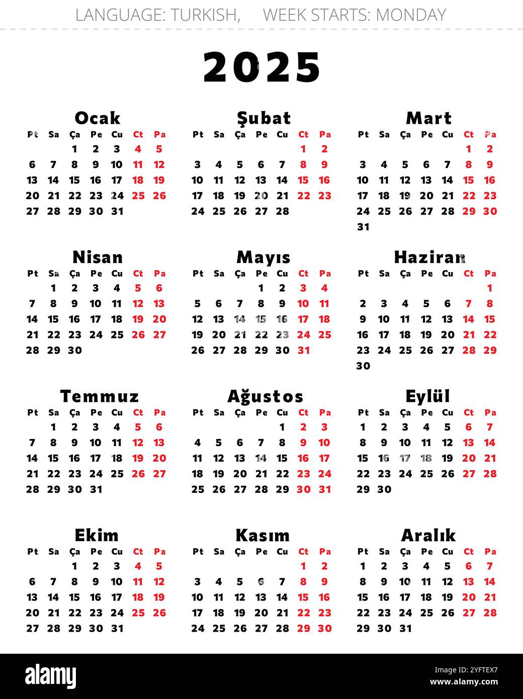 2025 year turkish calendar takvim. Printable vector illustration for Turkey in black and red
