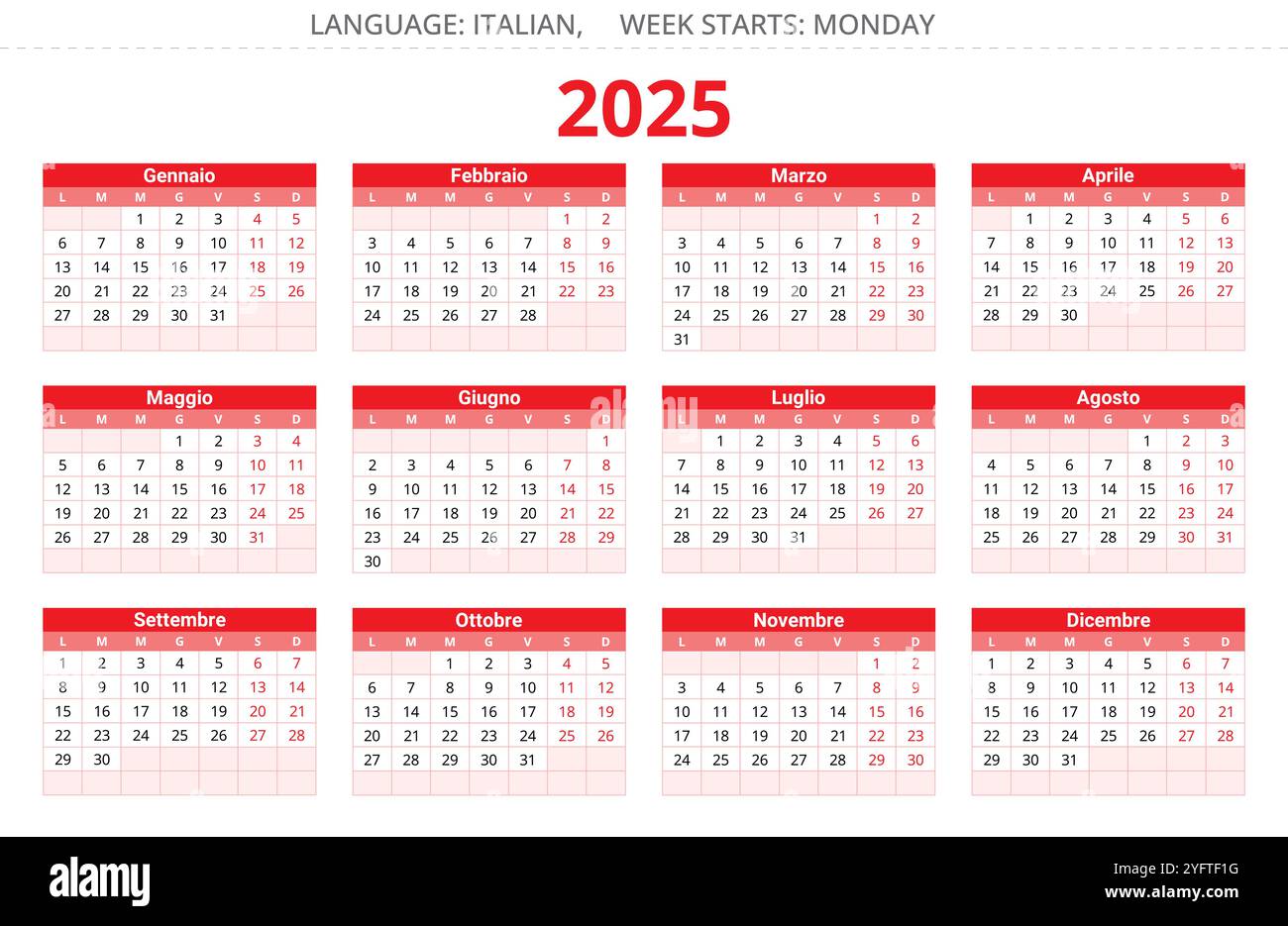 2025 year calendar. Italian language. 12 months. Printable vector ...