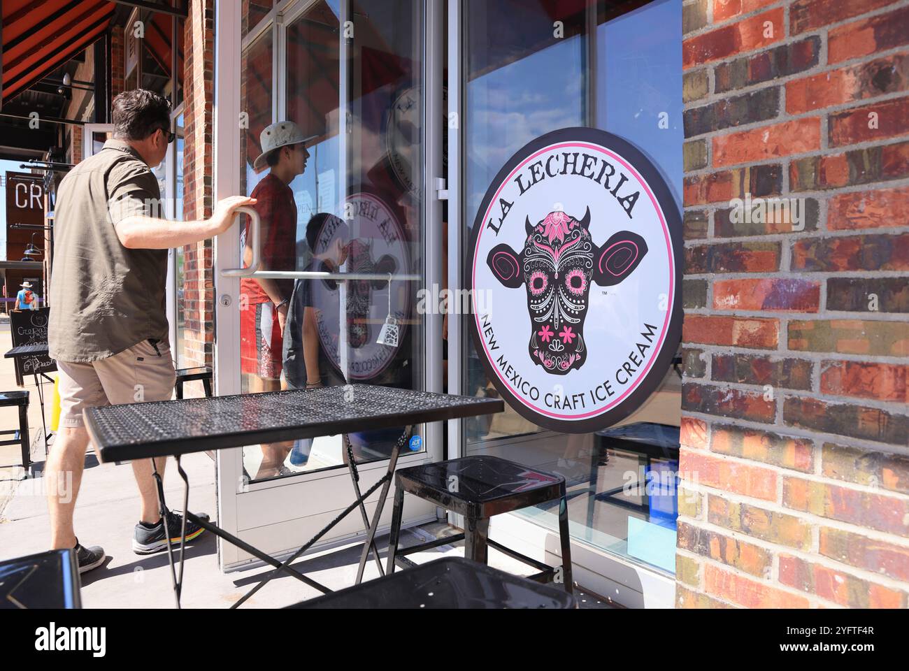 Hip La Lecheria New Mexico craft ice cream cafe & store in Santa Fe Railyard, USA. Stock Photo