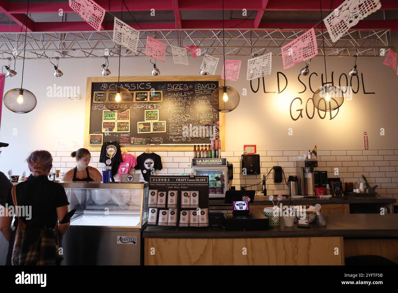 Hip La Lecheria New Mexico craft ice cream cafe & store in Santa Fe Railyard, USA. Stock Photo
