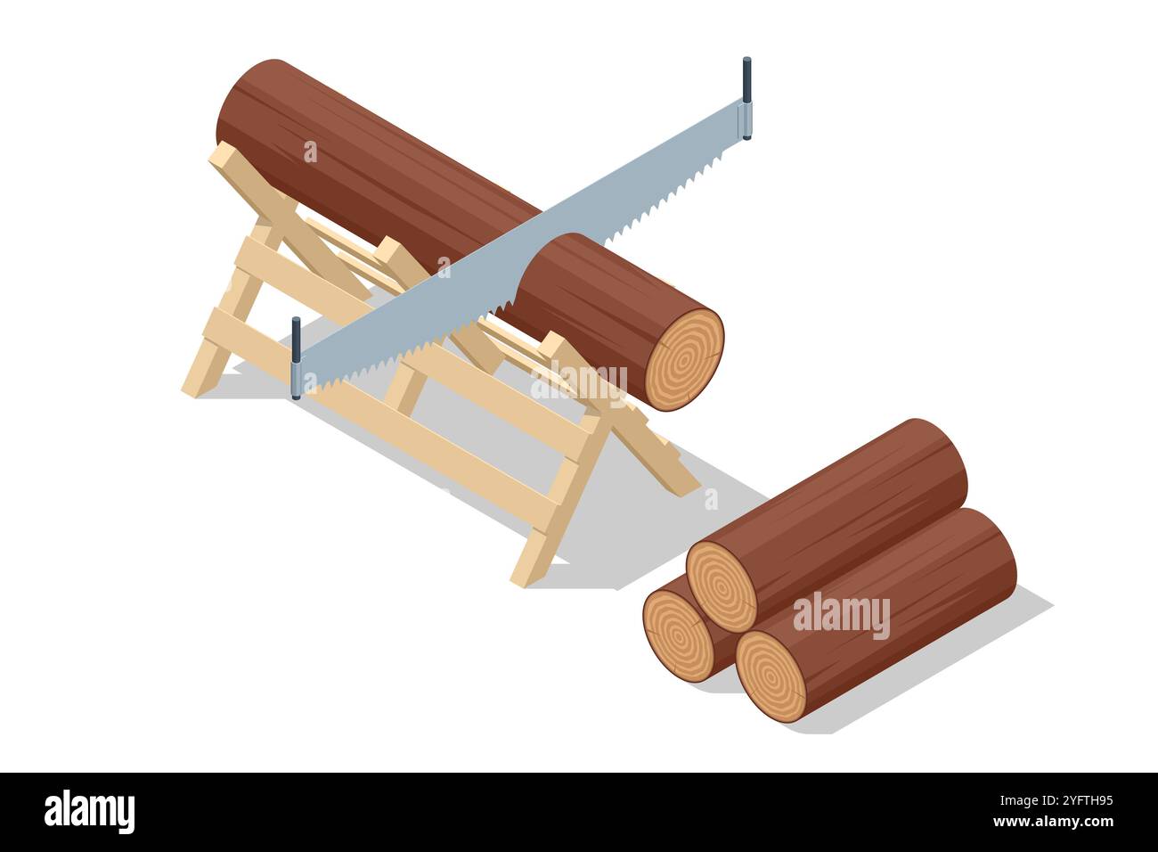 Isometric Sawing logs two-handed saw isolated on white. Lumberjack, Woodcutter, builder or carpenter instruments. Woodworking process. Handmade work. Stock Vector