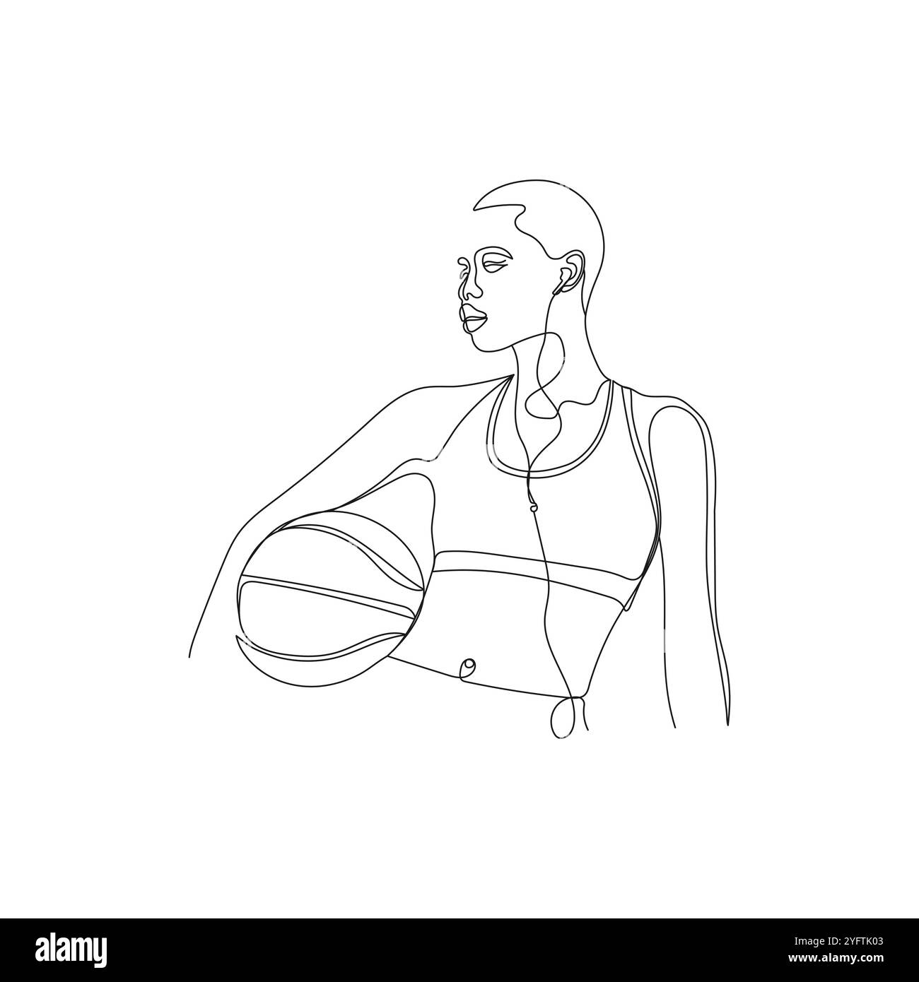 Basketball player. Girl with ball in one continuous drawn line. Hand drawn vector illustration. Stock Vector