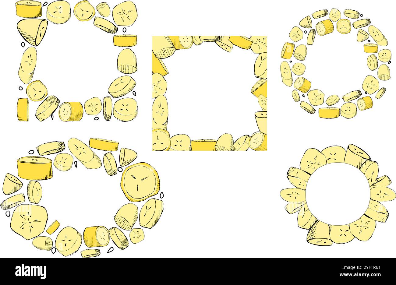 Fruit frame set. Banana slices different vector frames. Vector background. Cartoon graphic stile Stock Vector