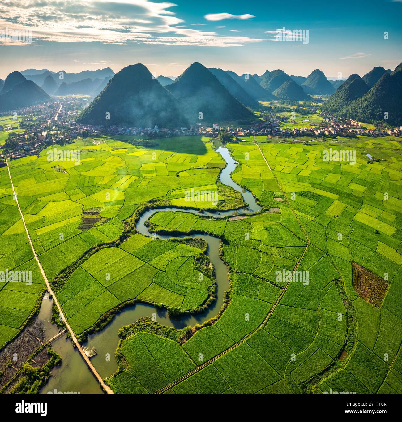 Aerial View Of Beautiful Bac Son Valley With Lush Rice Field Mountain 