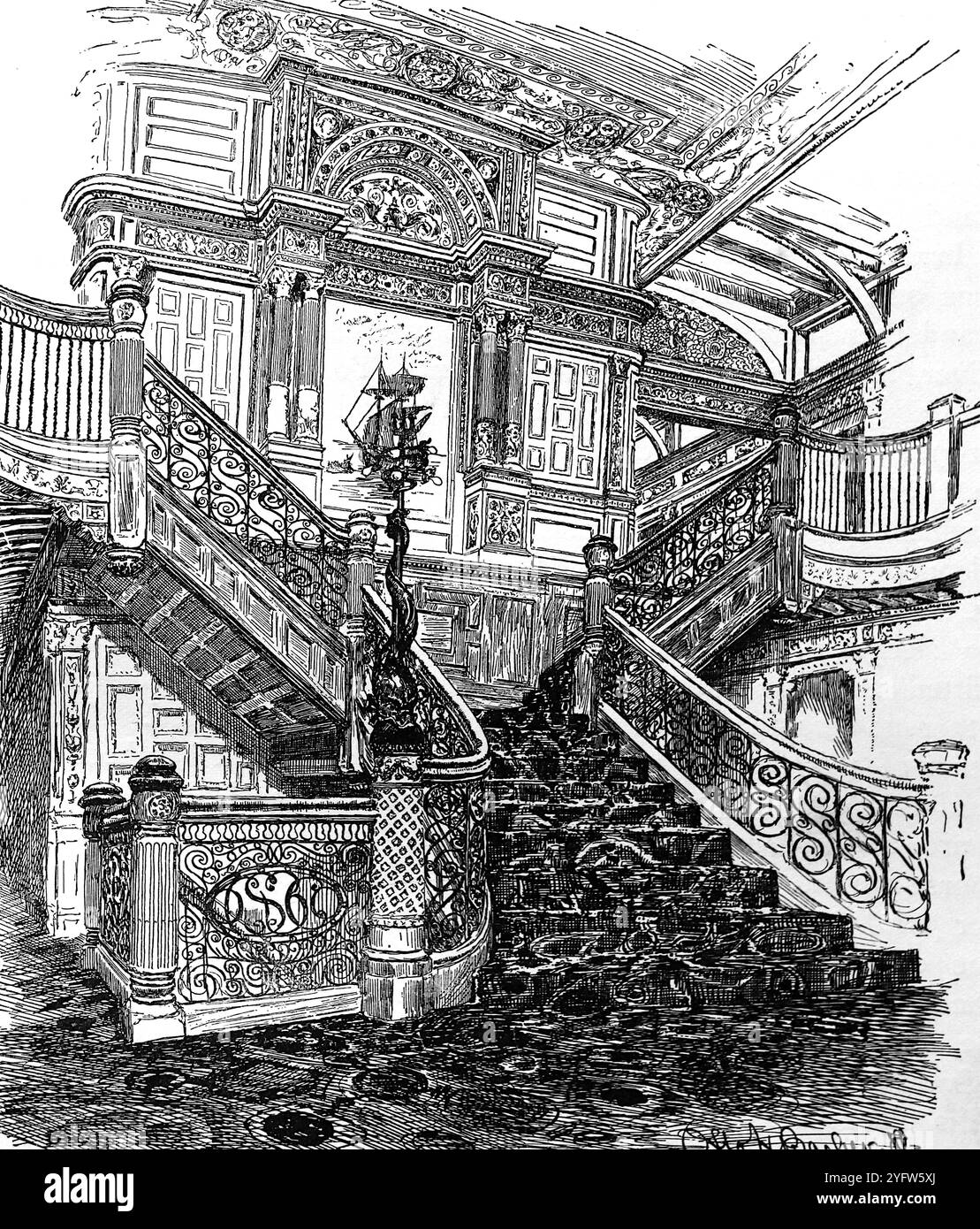 An ornate staircase in the interior of the steamer USS Puritan. From a nineteenth century travelogue of the United States of America, published in 1891, this is a photograph of one of a number of engravings (many by Edward Whymper) used to illustrate aspects of the social history, architecture, topography and geography of the USA. Stock Photo