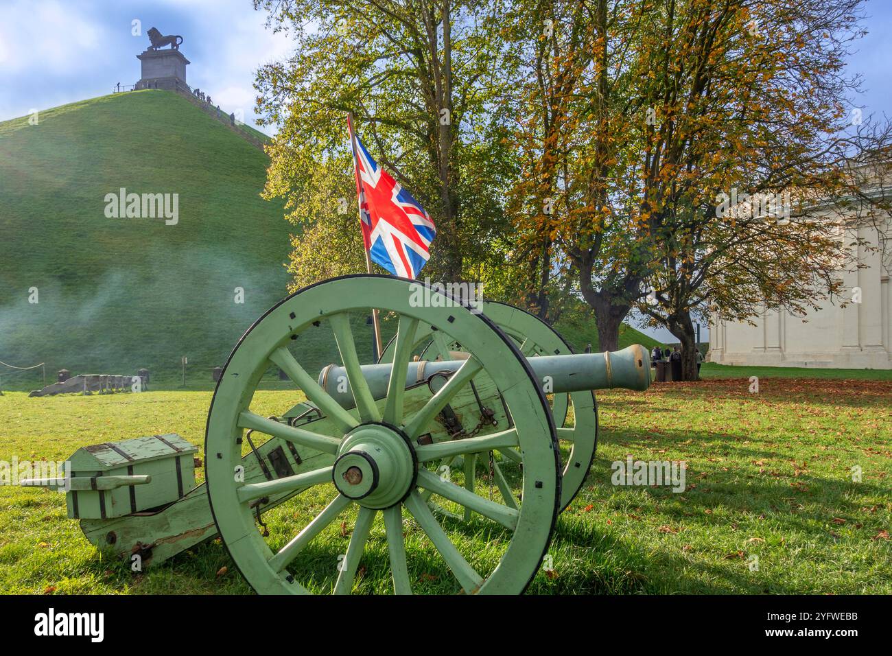 Replica of Napoleonic cannon in front of Lion’s Mound and Panorama at Domain of the Waterloo 1815 Battlefield at Braine-l'Alleud, Wallonia, Belgium Stock Photo