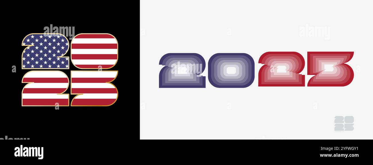 Year 2025 with flag of USA and in color palate of USA flag. Happy New Year 2025 in two different