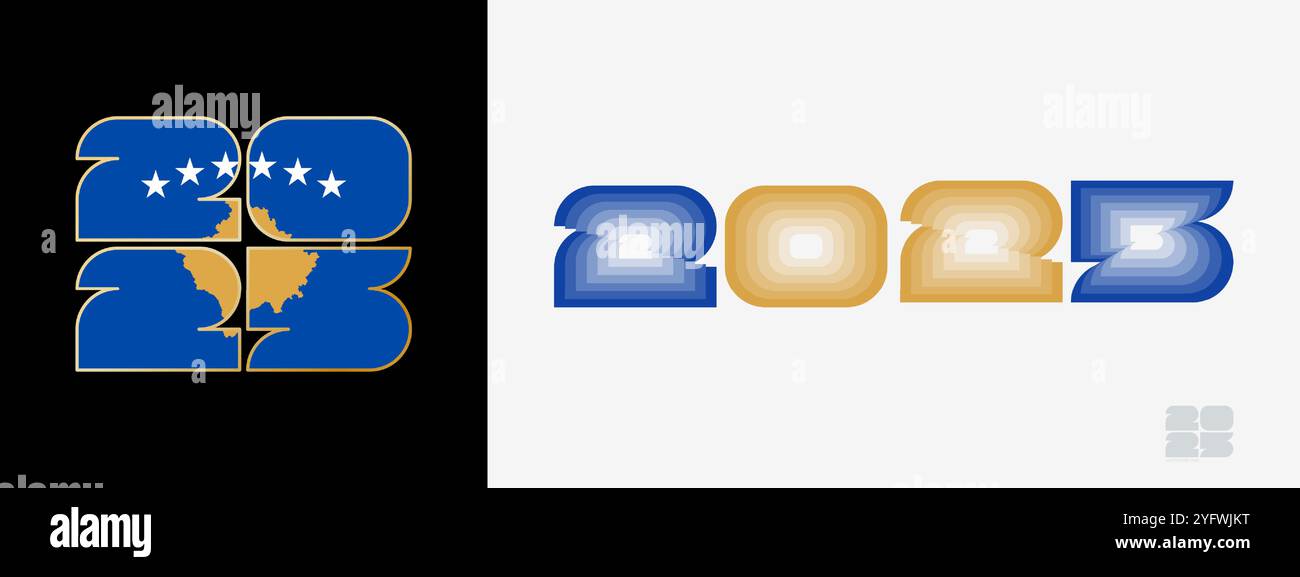 Year 2025 with flag of Kosovo and in color palate of Kosovo flag. Happy