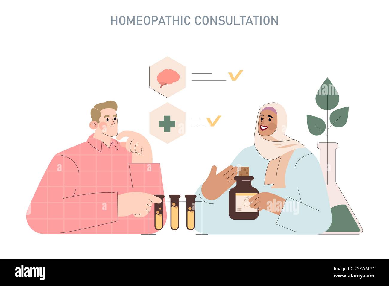 Talking Problem Homepathy Homeopathy consultation concept. Patient receiving natural remedies ...