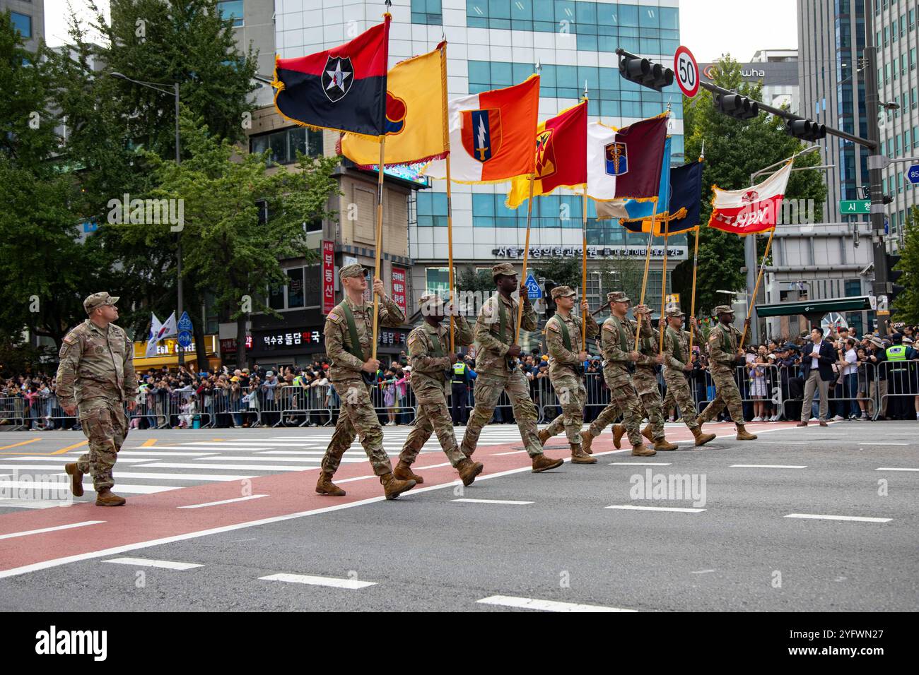 Seoul, South Korea. 1st Oct, 2024. Eighth Army Soldiers participate in the 2024 Republic of Korea Armed Forces Day parade in Seoul, South Korea, Oct. 1, 2024. Marching alongside their ROK counterparts, the joint parade symbolizes the enduring significance of the ROK-U.S. alliance, which remains committed to ensuring democracy, peace, and stability in the region. (Credit Image: © Dariel Cortes De Jesus/U.S. Army/ZUMA Press Wire) EDITORIAL USAGE ONLY! Not for Commercial USAGE! Stock Photo