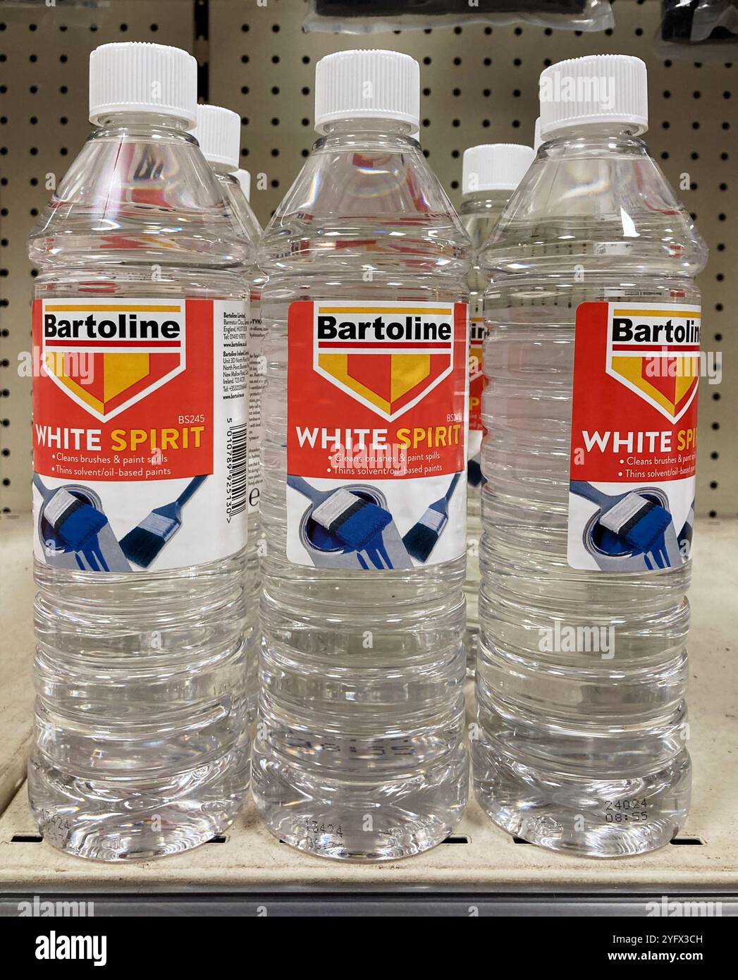 Bottles of Bartoline White Spirit solvent at the local DIY Store - Smartphone Captured Stock Image