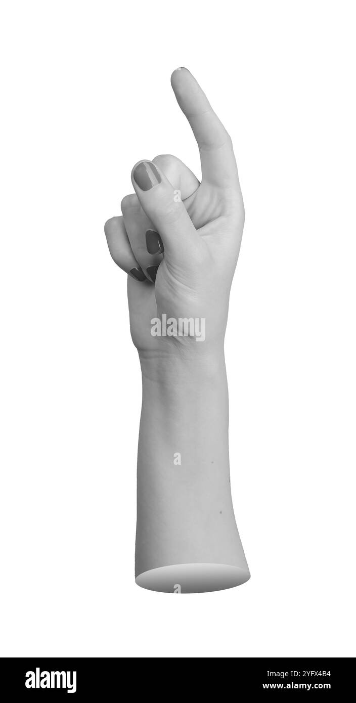 Female hand in pointing gesture with index finger extended upward, thumb relaxed, directing attention and focus. Monochrome, grayscale anatomy with el Stock Photo