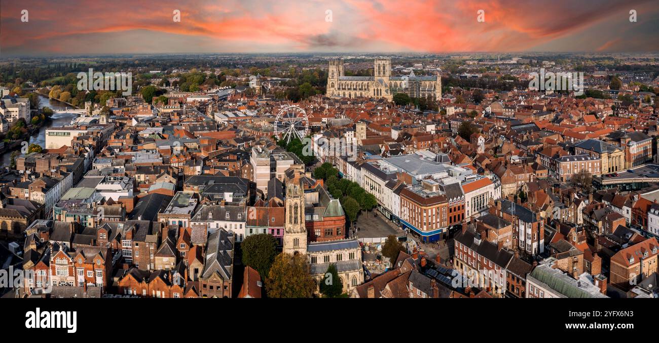YORK, UK - OCTOBER 18, 2024.  An aerial landscape view of a York cityscape skyline in North Yorkshire, UK with York Minster cathedral and the rooftop Stock Photo