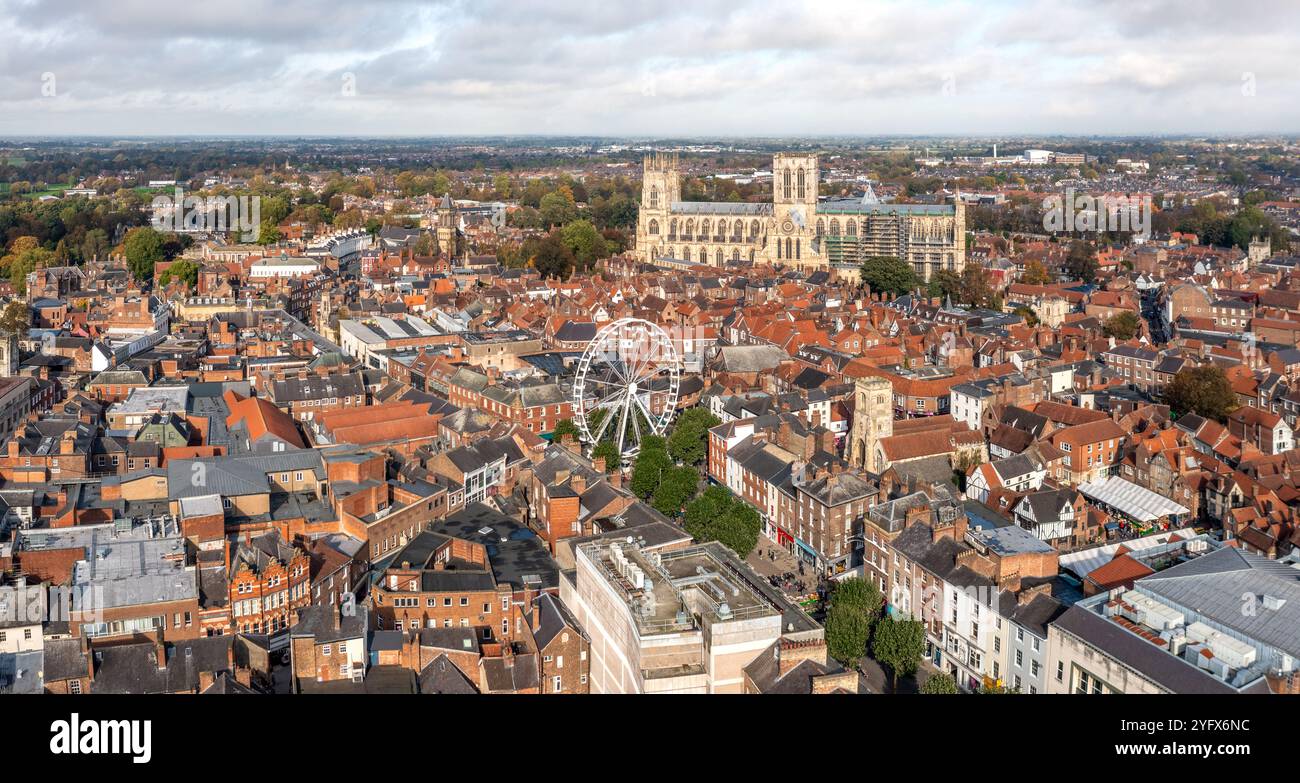 YORK, UK - OCTOBER 18, 2024.  An aerial landscape view of a York cityscape skyline in North Yorkshire, UK with York Minster cathedral and the rooftop Stock Photo