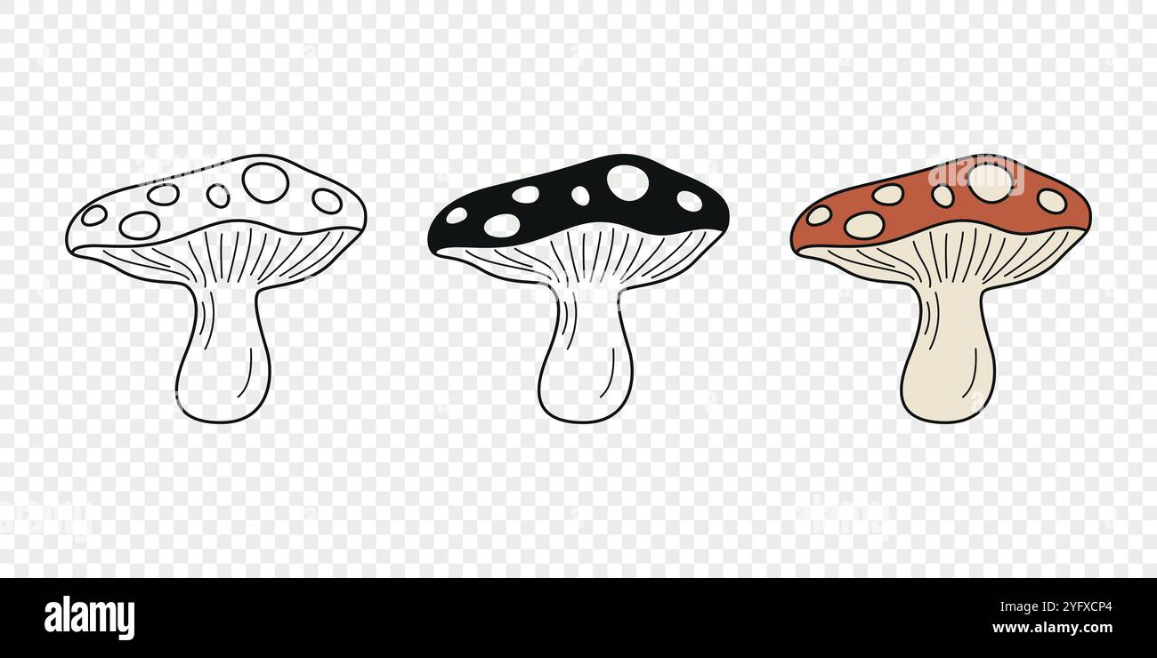 Flat Vector Hand Drawn Cartoon Fly Agaric Mushrooms Outline ...
