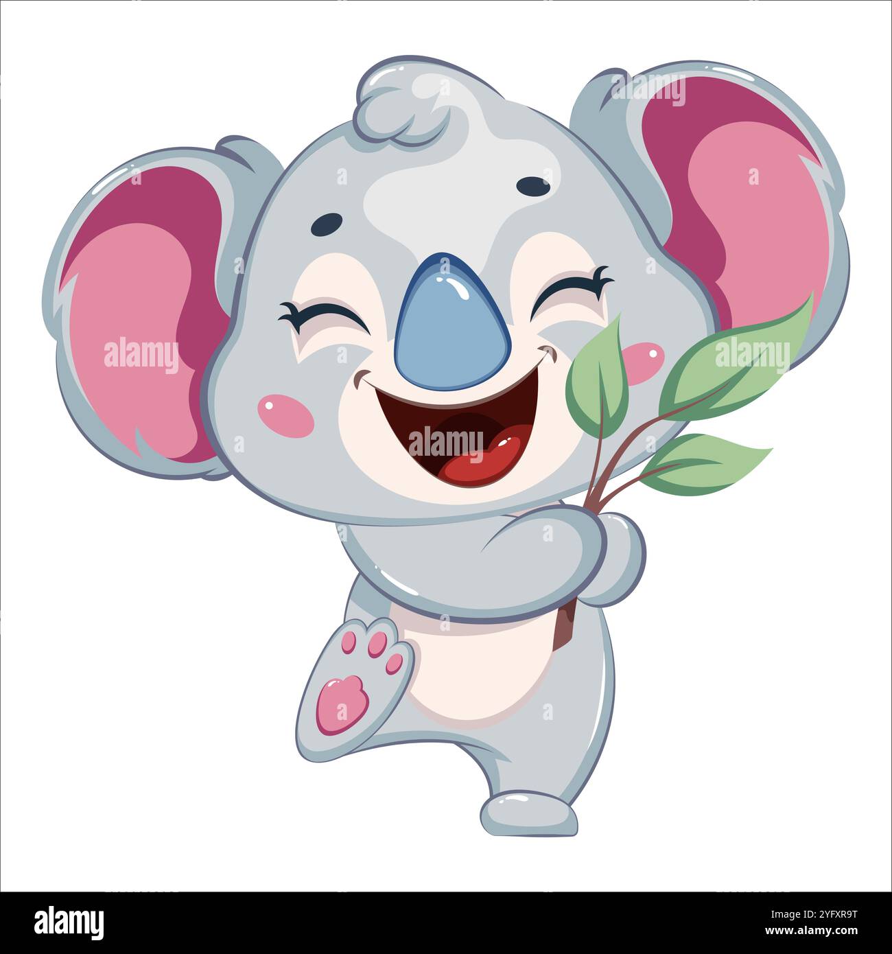 Cute koala holding eucalyptus branch. Funny cartoon character. Stock ...