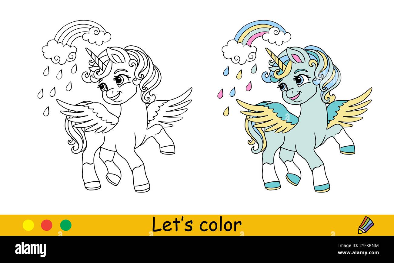 Cartoon cute dreaming unicorn with rainbow. Kids coloring book page ...