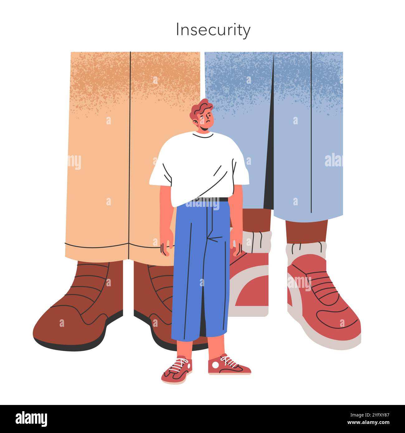 Insecurity concept. An individual stands overshadowed by towering
