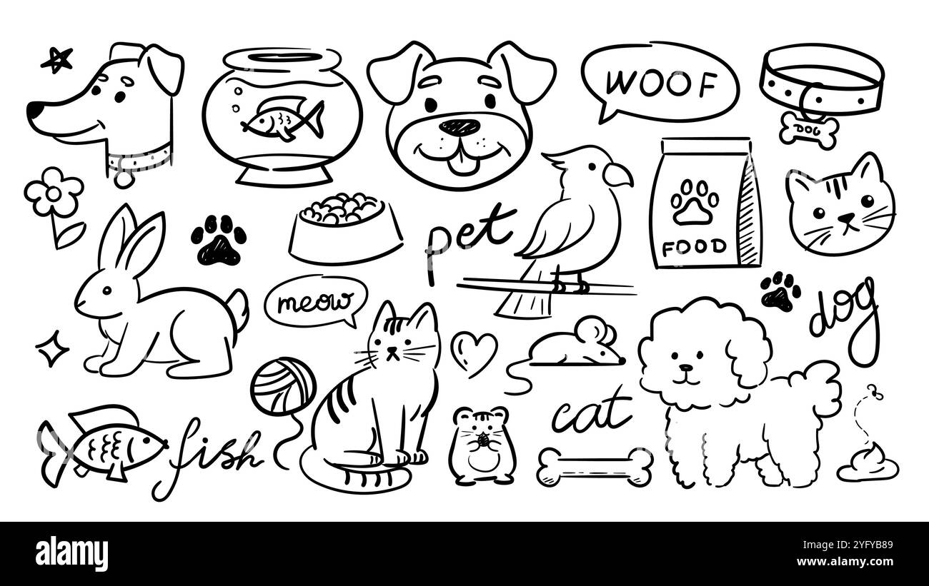 Pets doodle sketches set. Hand drawn dog, rabbit, parrot and cat. Domestic animals with food in bowls. Minimalist creativity and art. Linear vector Stock Vector