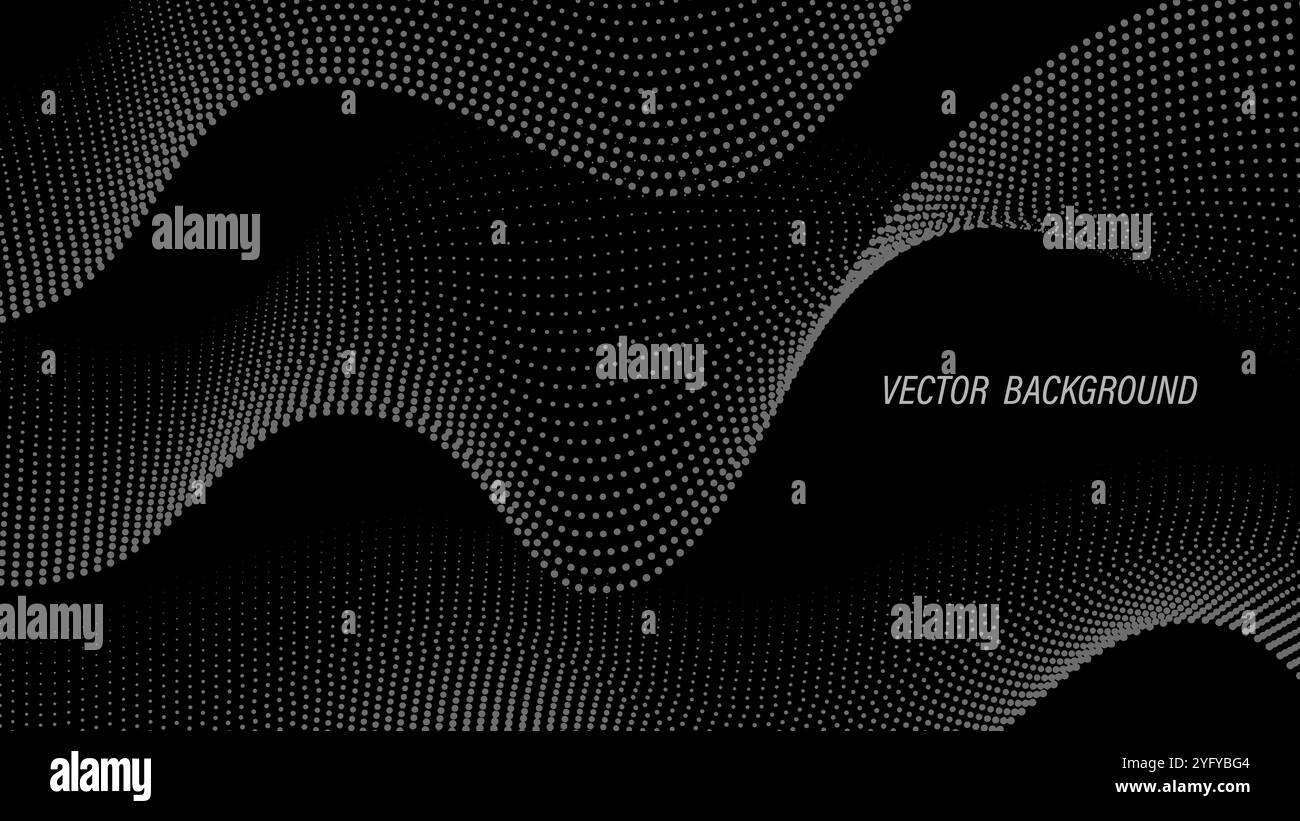 Halftone black background. Futuristic poster or banner with soundwaves. Song, melody and audio file. Motion and energy. Technology and innovation Stock Vector