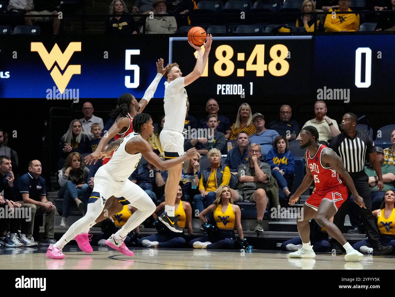 Morgantown, West Virginia, USA. 4th Nov, 2024. November 4, 2024: Tucker DeVries #12 during the West Virginia University Mountaineers vs. Robert Morris University Colonials at the WVU Coliseum in Morgantown WV. Brook Ward/Apparent Media Group (Credit Image: © AMG/AMG via ZUMA Press Wire) EDITORIAL USAGE ONLY! Not for Commercial USAGE! Stock Photo