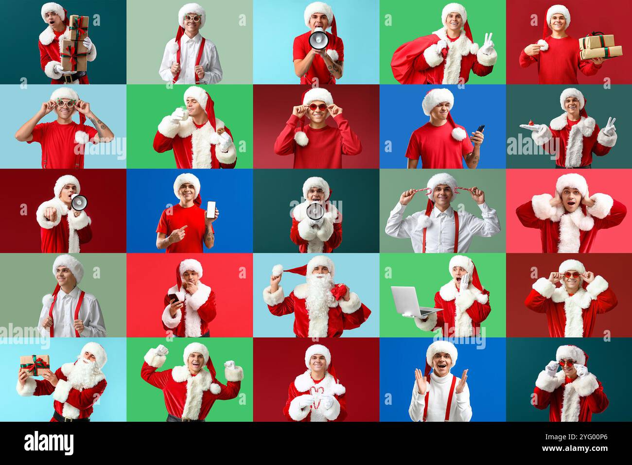 Collage of young man dressed as Santa on color background Stock Photo