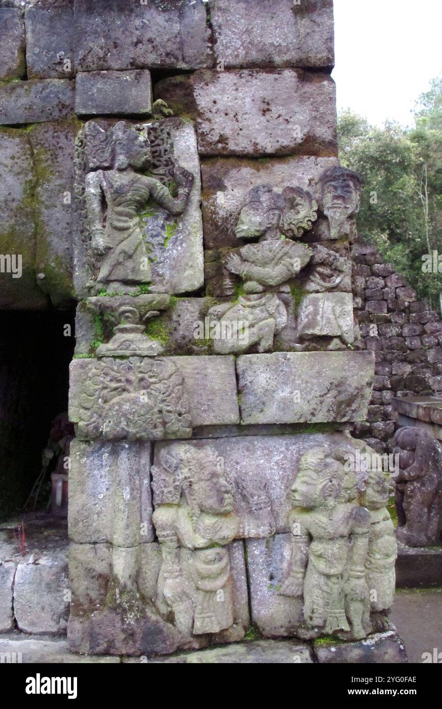 Bas-relief sculptures on wall at encased foot of Sukuh Temple, ancient ...