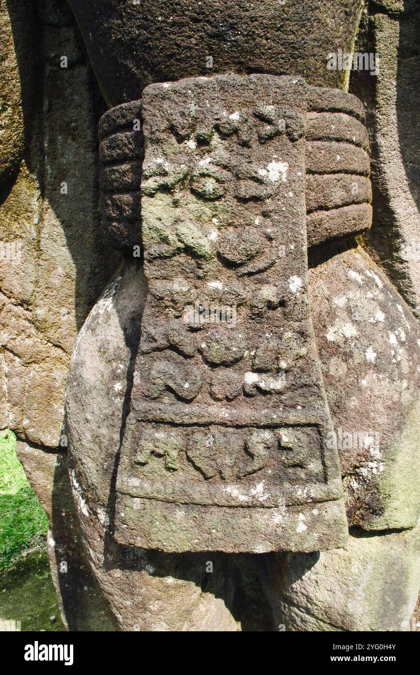 Java Ancient Decor Bas-relief sculptures on wall at encased foot of Sukuh Temple, ancient ...