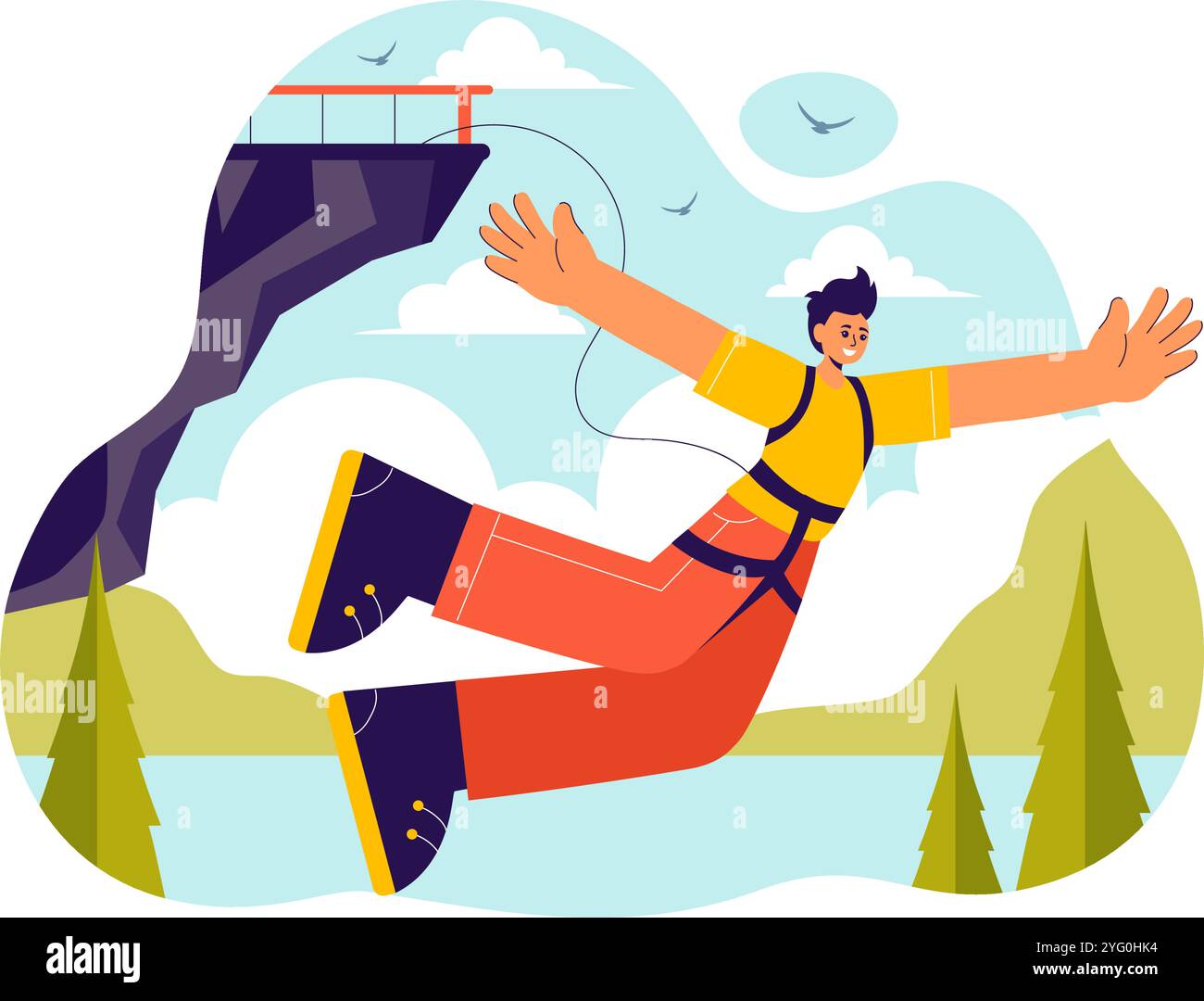 Bungee Jumping Vector Illustration featuring a Person Falling from a Great Height with an ...