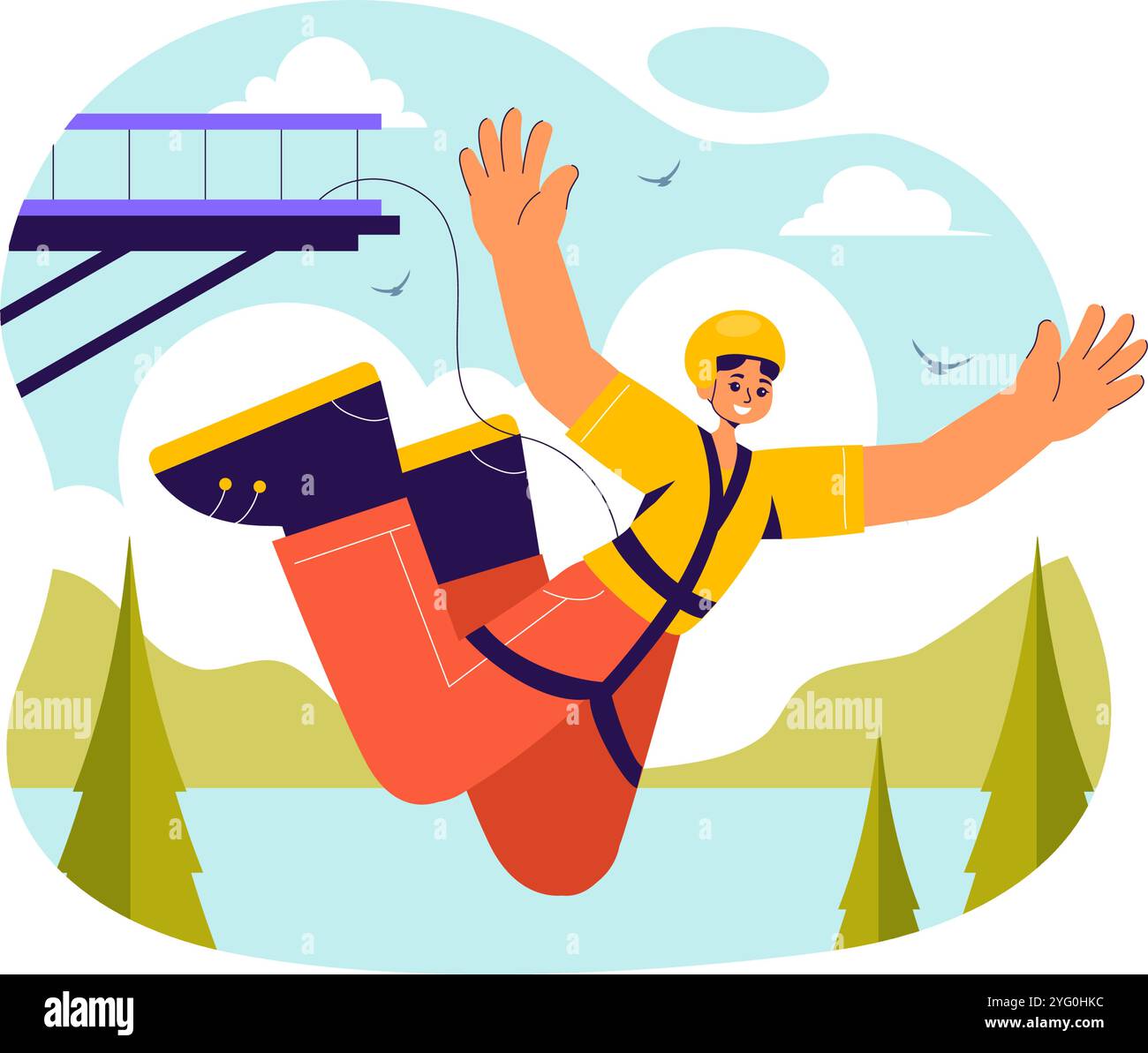 Bungee Jumping Vector Illustration featuring a Person Falling from a Great Height with an Elastic Rope in an Extreme Sport Flat Cartoon Background Stock Vector