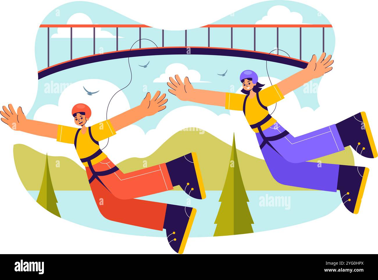 Bungee Jumping Vector Illustration featuring a Person Falling from a Great Height with an ...