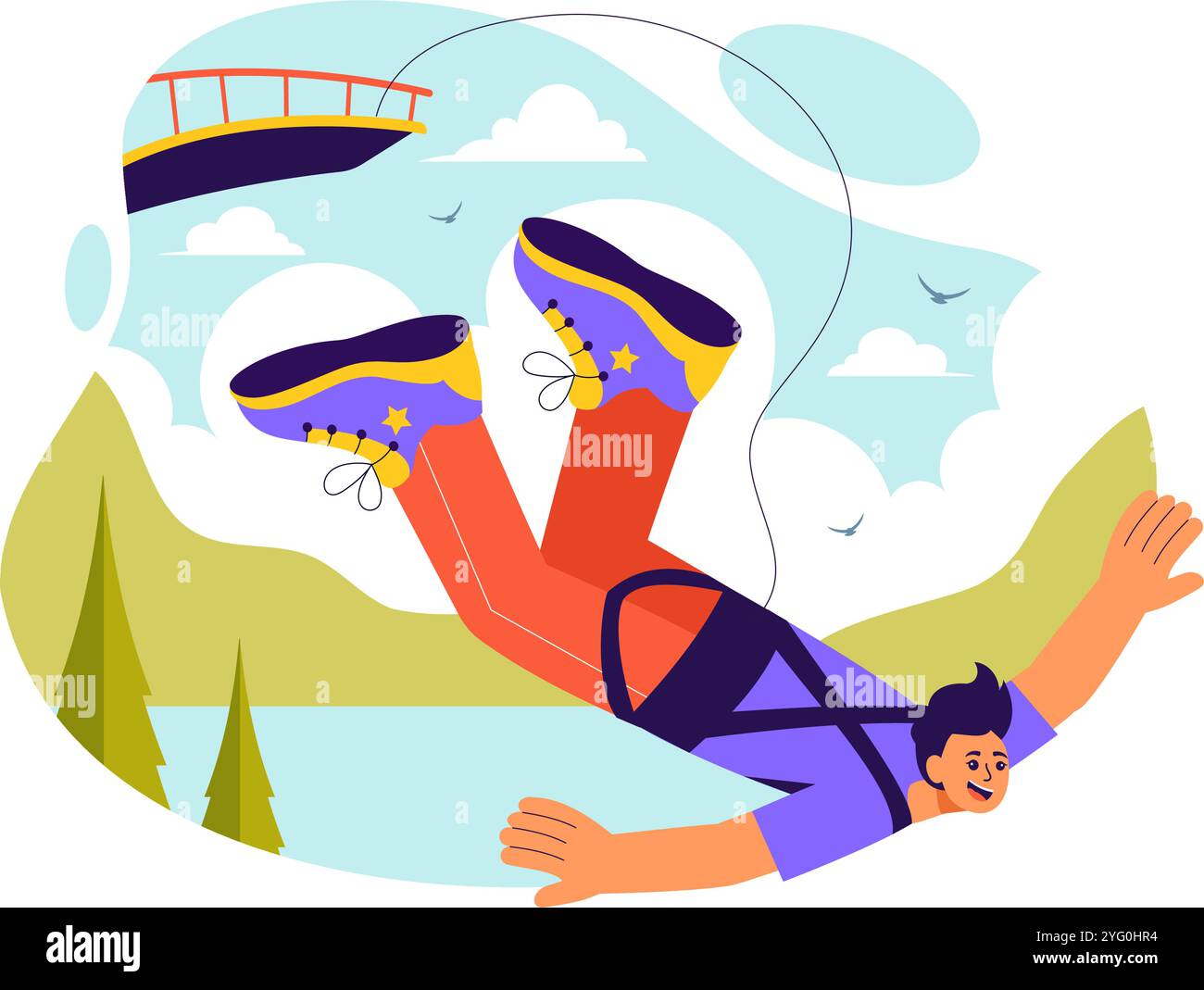 Bungee Jumping Vector Illustration featuring a Person Falling from a Great Height with an Elastic Rope in an Extreme Sport Flat Cartoon Background Stock Vector