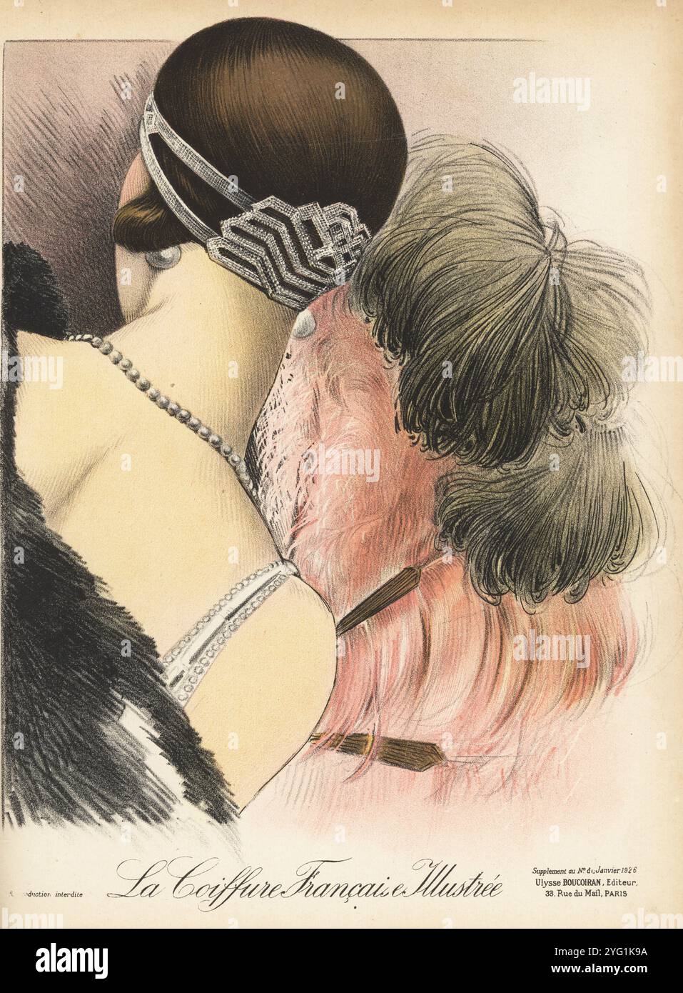 French woman in evening wear and elegant hairdo. Model seen from the back with silver headdress over a short straight bob, fur shawl, pearl necklace, holding an ostrich plume fan. Chromolithograph from La Coiffure Française Illustrée, French hairdressing magazine edited by Ulysse Boucoiran, of 33 rue de Mail, Paris, January, 1926. Stock Photo