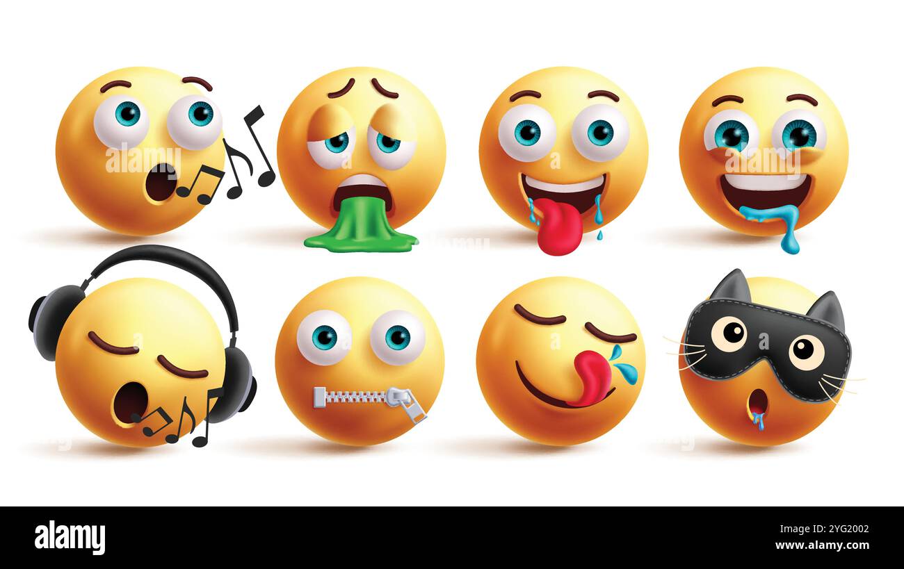 Emoji emoticon characters vector set. Emojis singing, vomit, starving, thirsty, listening music, quiet, craving and rest yellow emoticons collection Stock Vector