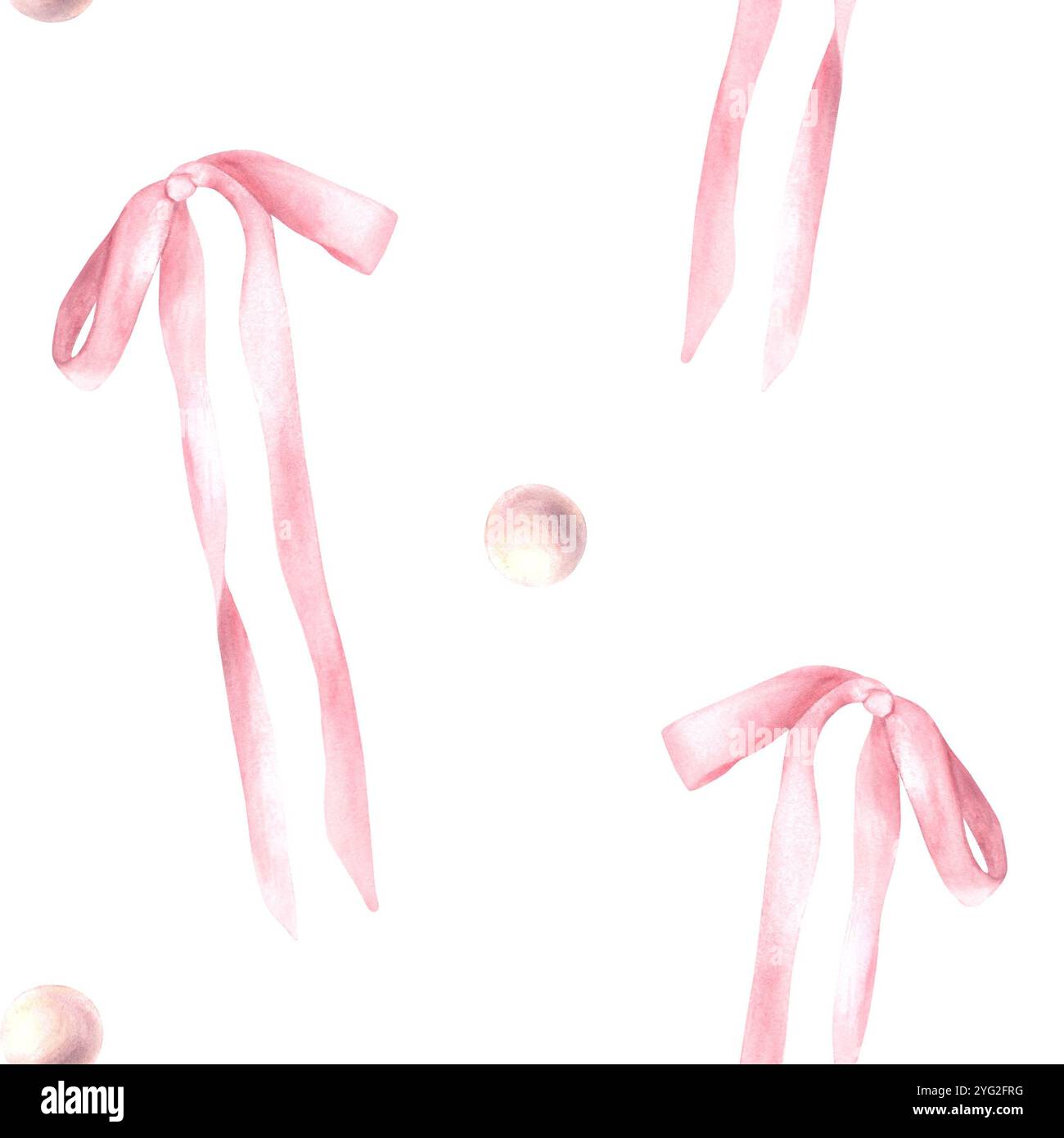 Pink silk bow with rose pearls seamless pattern. Watercolor cute hair ...