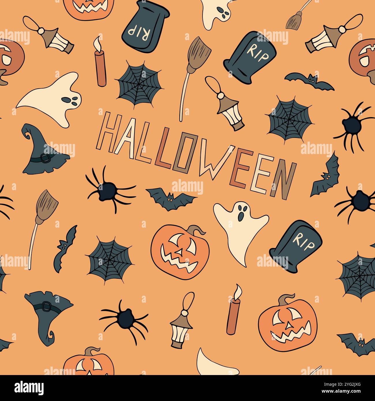 The design showcases a variety of Halloween themed elements on an orange background Stock Vector
