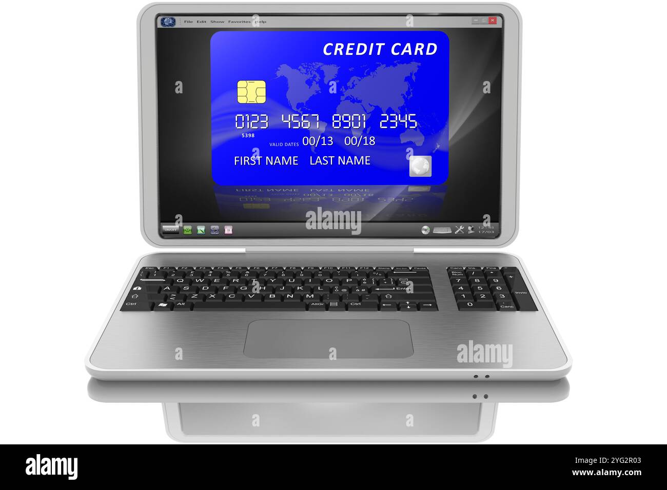 Gray open laptop. On the screen a credit card symbol. Bank, finance online shopping. Stock Photo