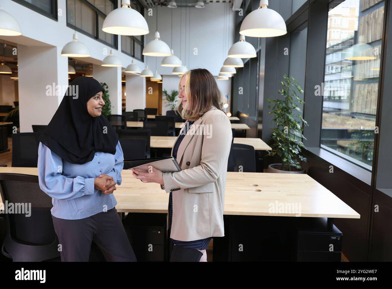 Two businesswomen discussing in office Stock Photo