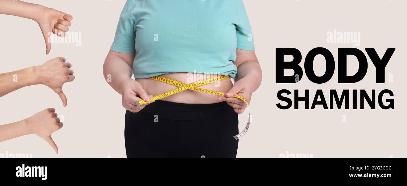 Overweight woman measuring her waist with tape and people showing ...