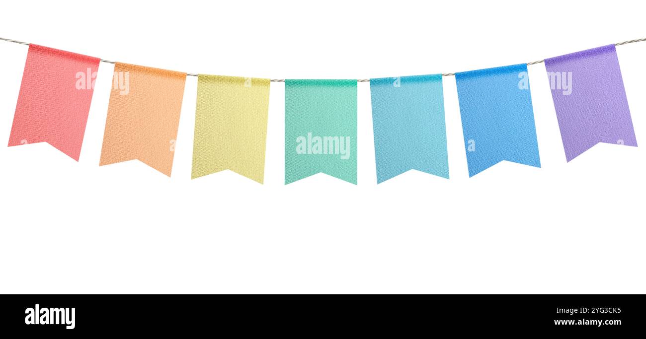 Fabric flags on rope against white background. Party decoration Stock ...