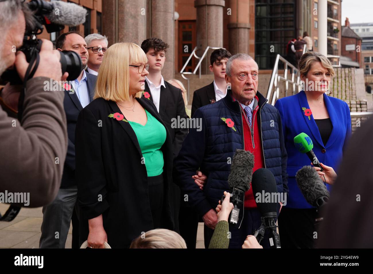 Patrick O'Hara stands with family members as he speaks to the media outside Newcastle Crown Court, in Newcastle, where Sunderland-based GP Dr Thomas Kwan, was sentenced to 31 years and five months after he attempted to murder Mr O'Hara, who was his mother's partner, with a poisoned fake Covid jab whilst disguised as a nurse. Picture date: Wednesday November 6, 2024. Stock Photo