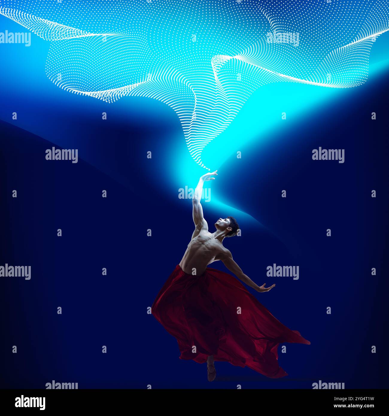 Creative design. Young, athletic, handsome man, ballet dancer making dynamic powerful performance on blue background with neon abstract elements Stock Photo