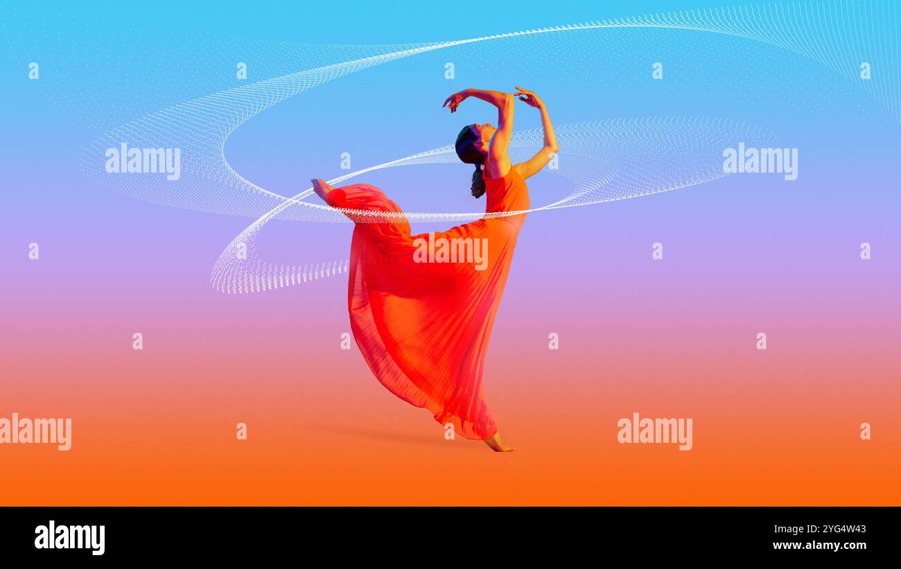 Creative design. Young artistic woman in red dress dancing against gradient multicolor background in neon light with abstract dynamic elements. Stock Photo