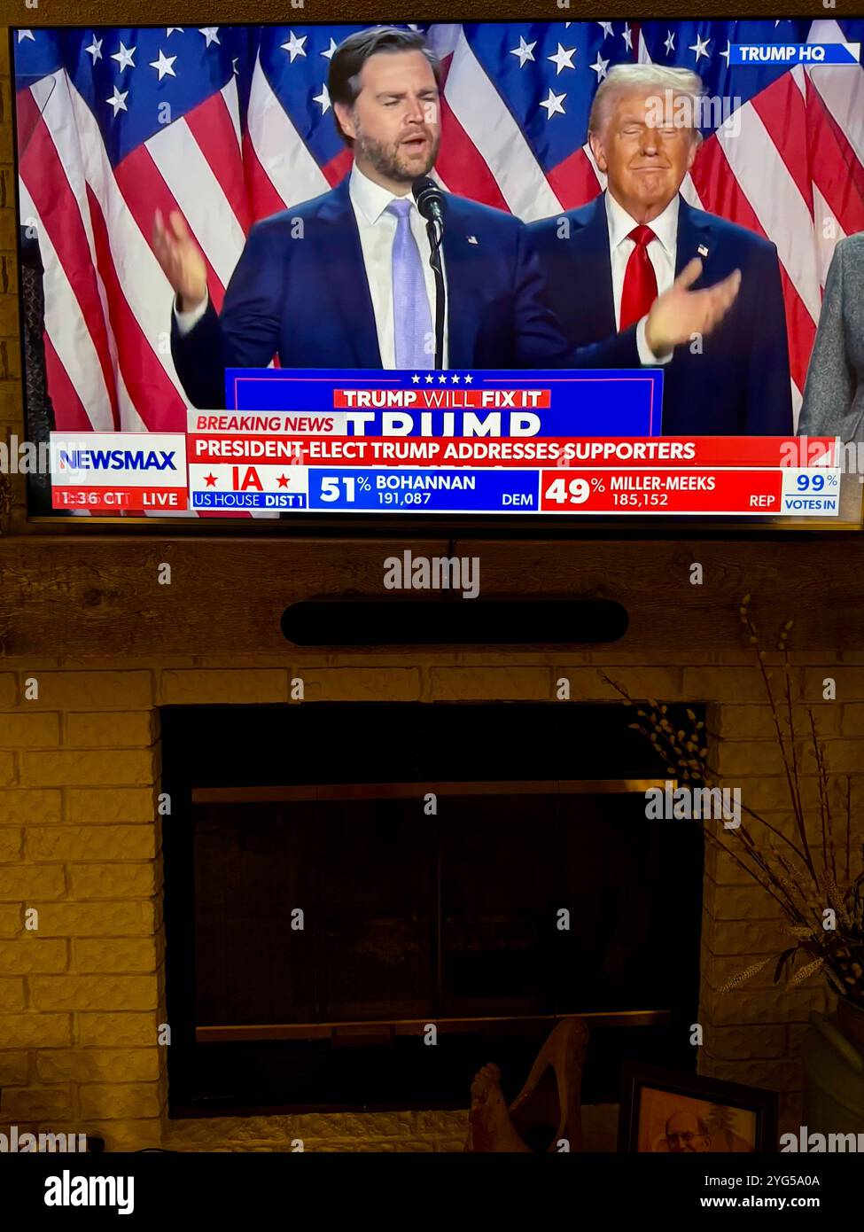 Donald J. Trump and Vice President elect J.D. Vance speak and celebrates with allies, family & supporters after winning the presidential election. USA - Smartphone Captured Stock Image