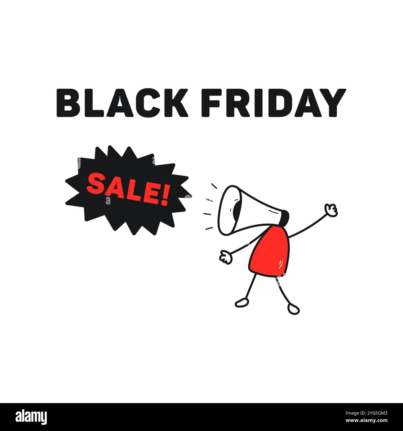 Black Friday sale. Shouting megaphone. Loudspeaker with sale bubble. Vector illustration in doodle style. Stock Vector