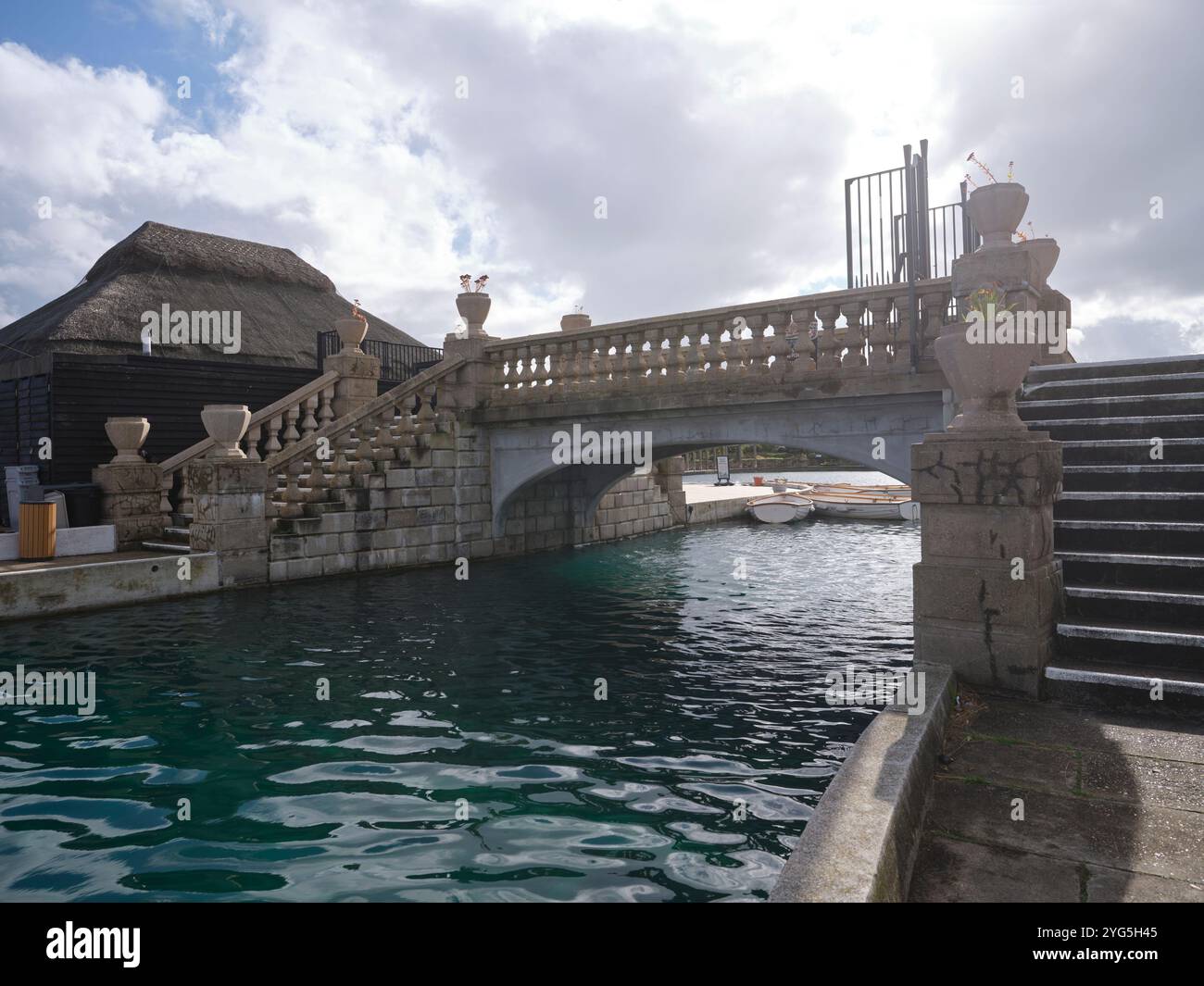 Footbridge and steps to the Island Cafe in the Boating Lake of the Great Yarmouth Waterways Stock Photo